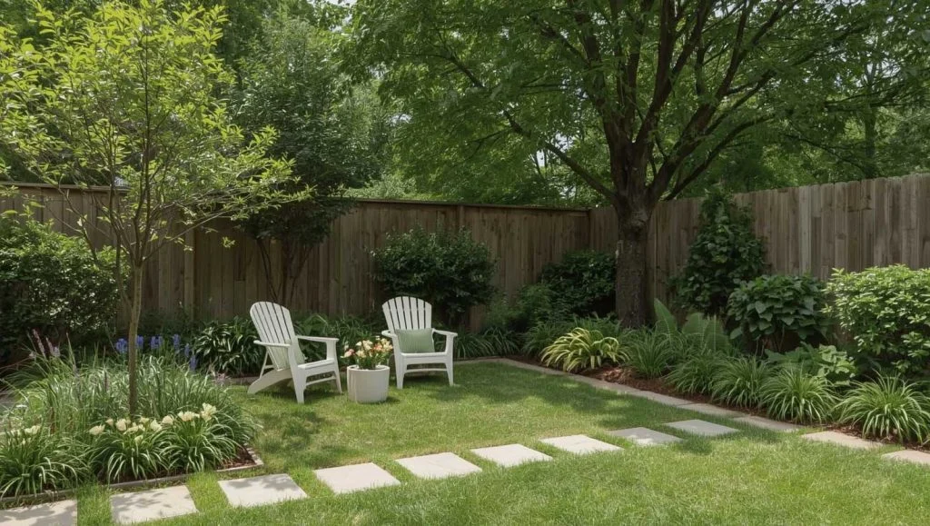 A quiet corner of a backyard transformed into a secluded garden space