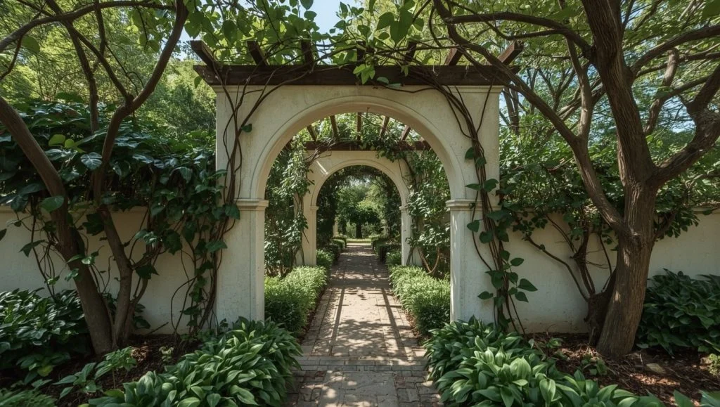 A hidden garden entrance with an archway covered in climbing plants