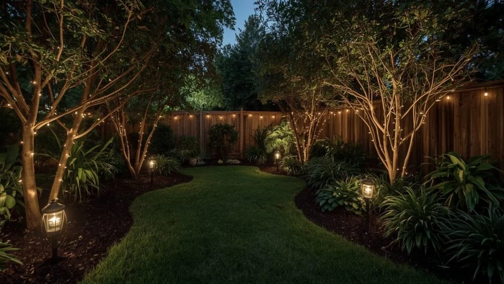 Soft garden lighting illuminating a secret garden at night