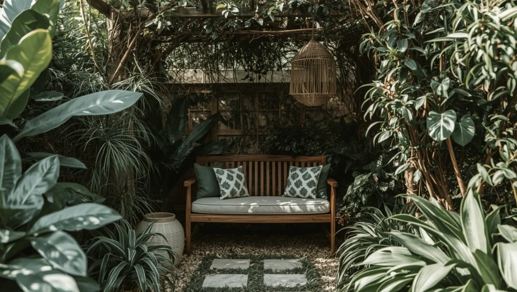 A small seating area hidden among plants in a secret garden
