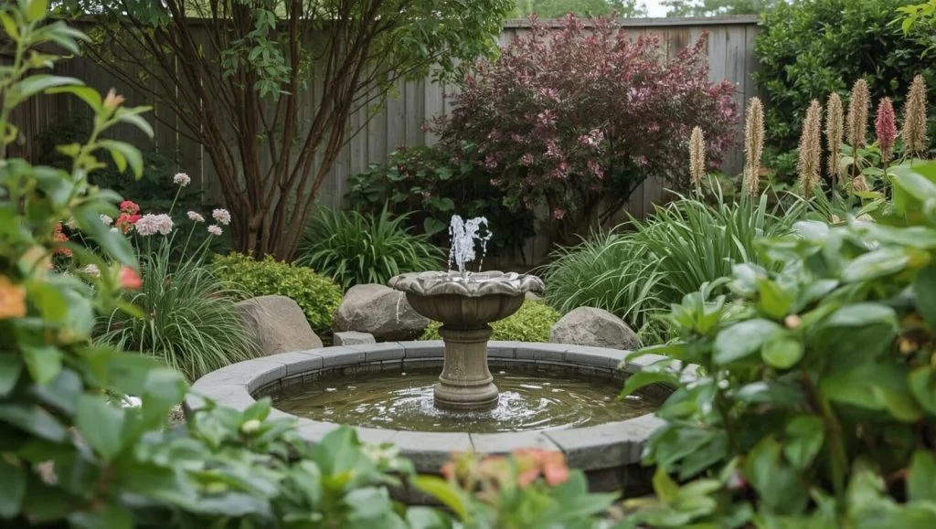 A small water fountain placed inside a secret garden