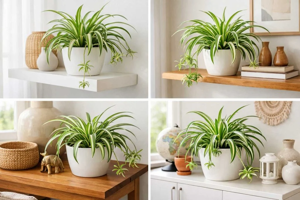 Spider plant with long arching leaves and baby offshoots indoors