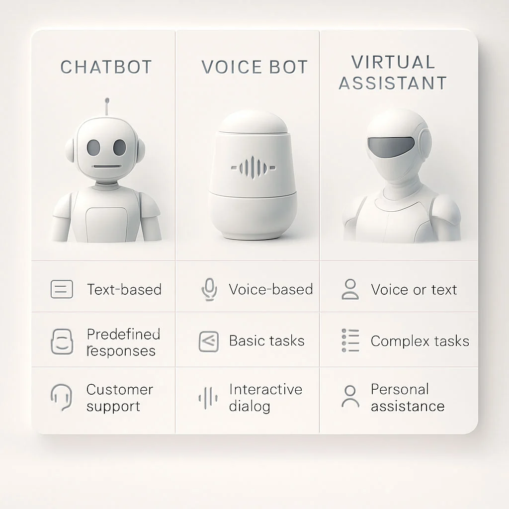 comparison of ai chatbots voice bots and virtual assistants