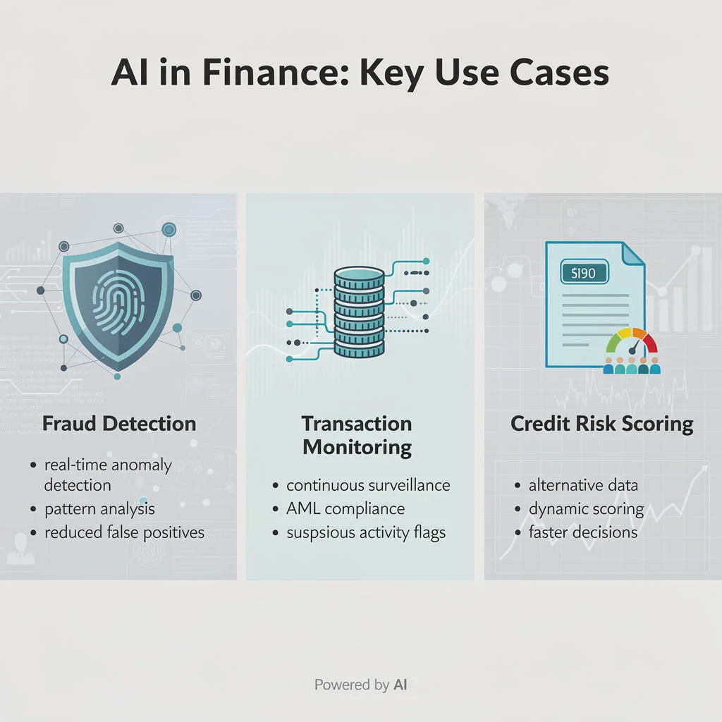AI finance use cases including fraud detection and risk monitoring
