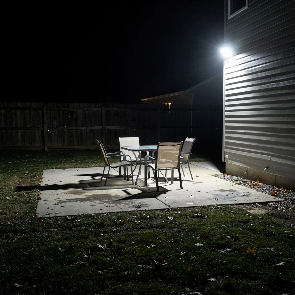 Backyard at night with harsh bright lighting making the space feel exposed