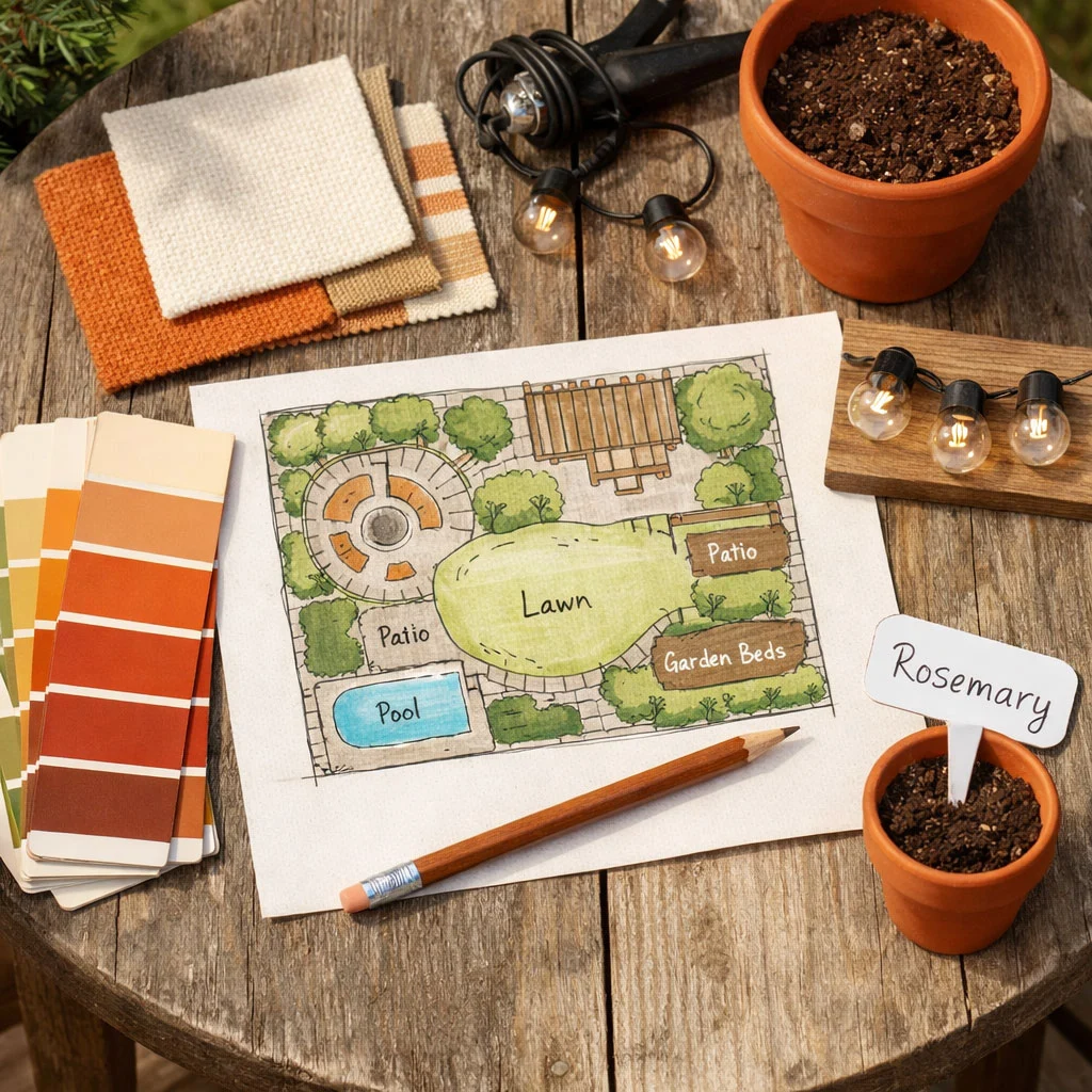 Simple backyard style planning with a cozy color palette, textures, and small decor references