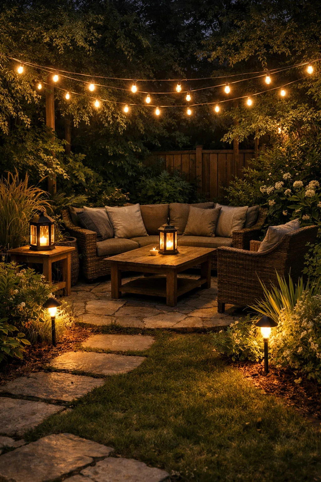Backyard seating lit with warm string lights and small lanterns creating a cozy mood