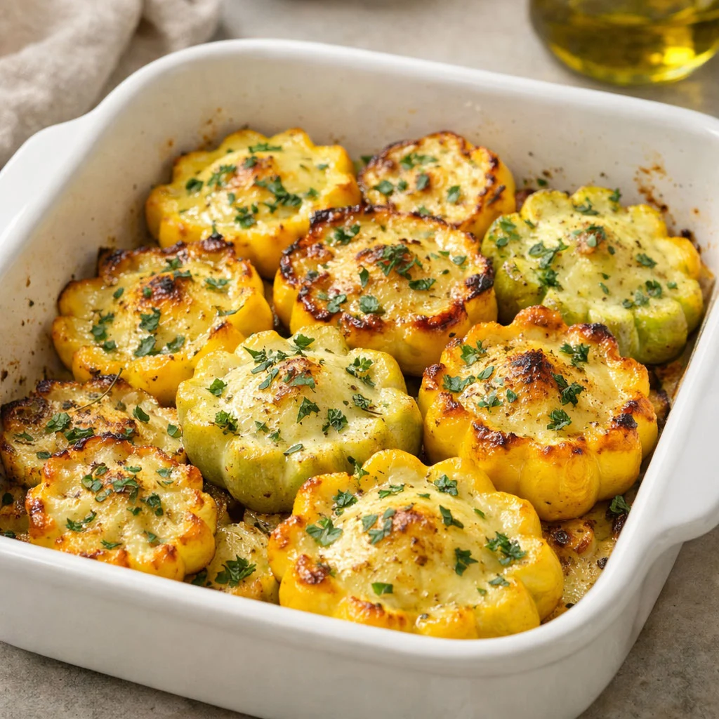 Baked patty pan squash served in a ceramic baking dish