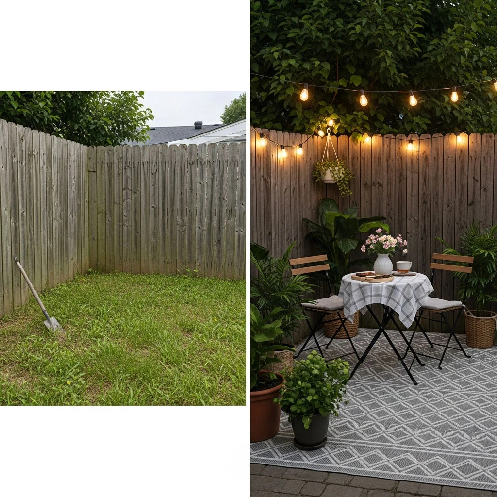 Side-by-side comparison of a plain backyard corner and a cozy decorated version