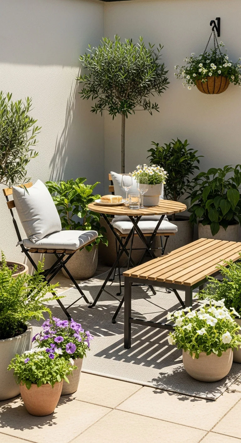 Small bistro set and bench arranged in a compact backyard corner