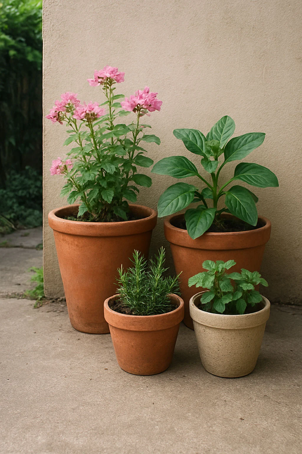 Grouped terracotta and ceramic pots with different plant heights in a backyard