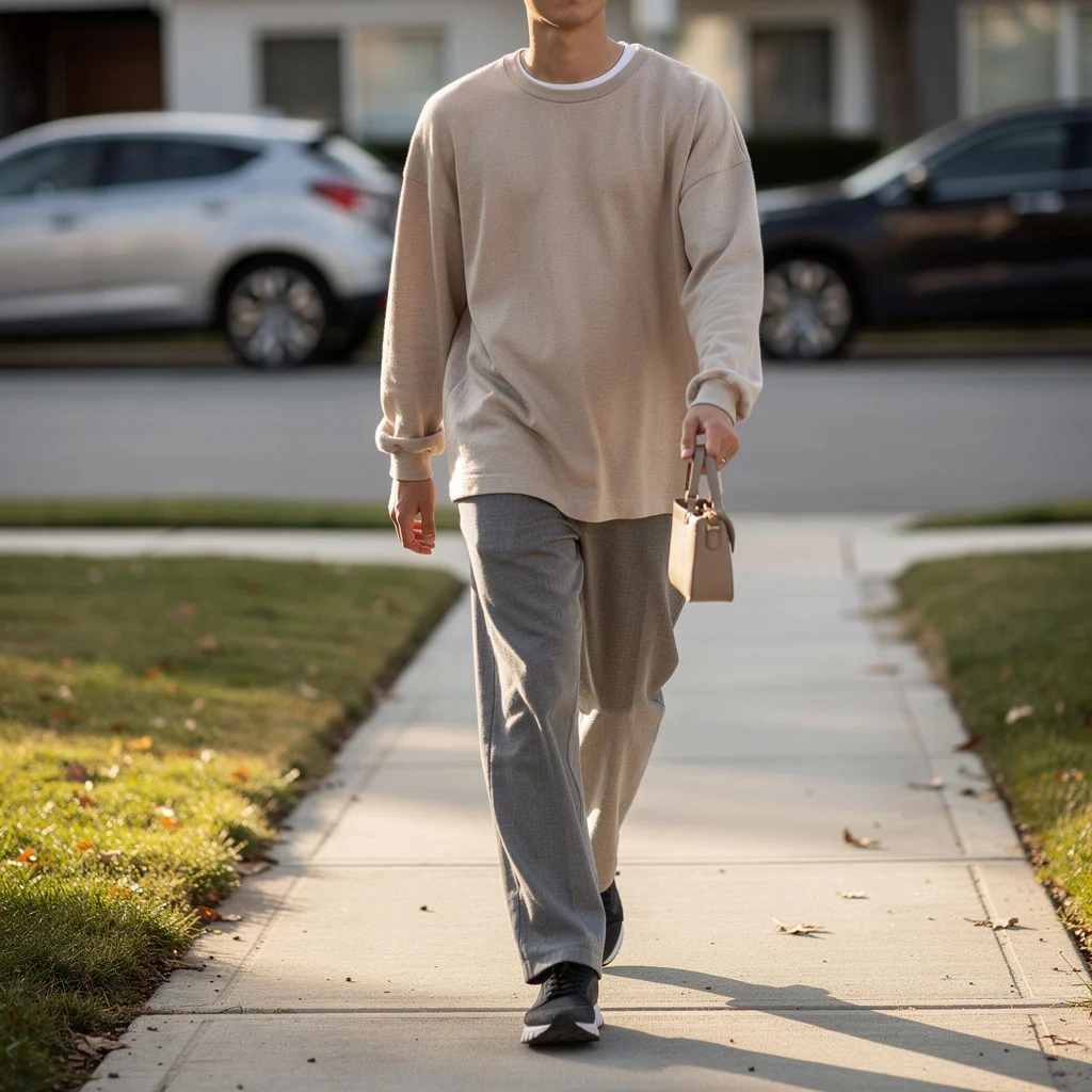 Person casually walking as part of a daily routine