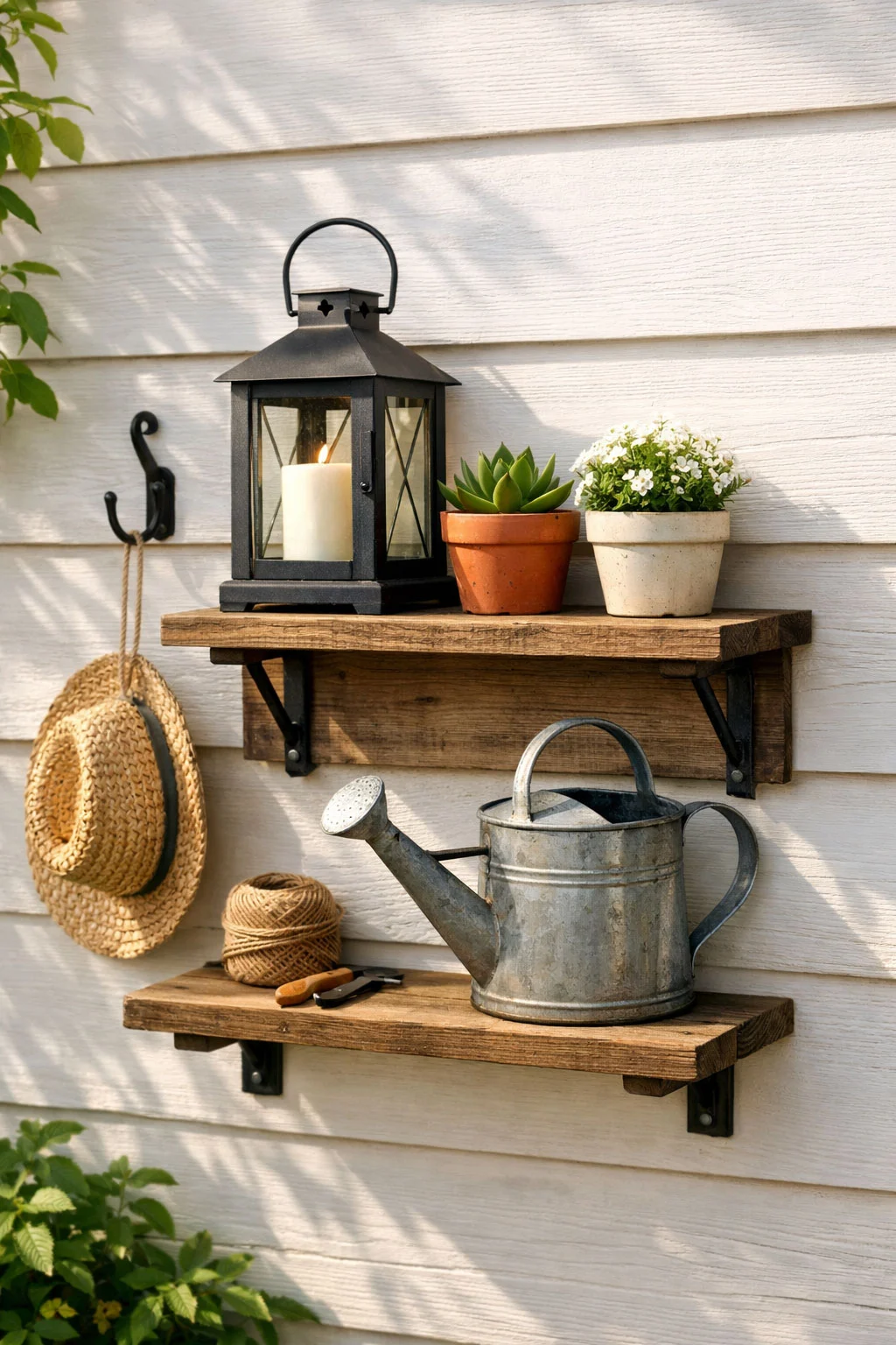 Small backyard shelf with lanterns, pots, and simple decor accents