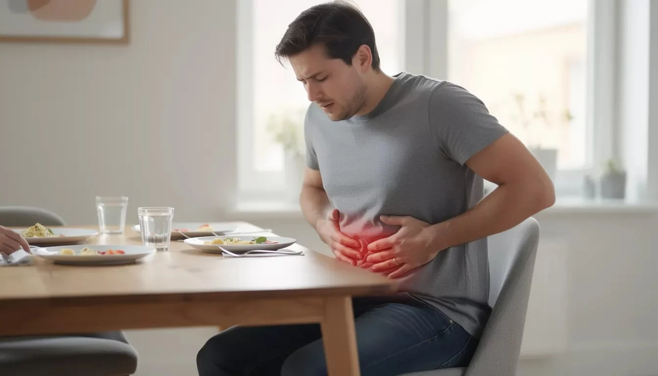 Person experiencing bloating and stomach discomfort after eating