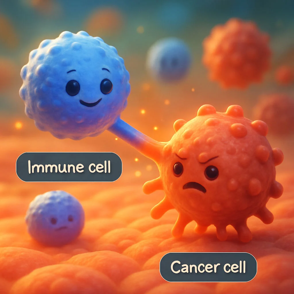 Diagram showing immune cells recognizing and attacking cancer cells