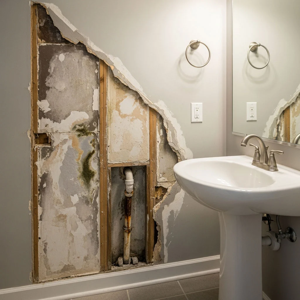 Bathroom wall with hidden water damage discovered during inspection