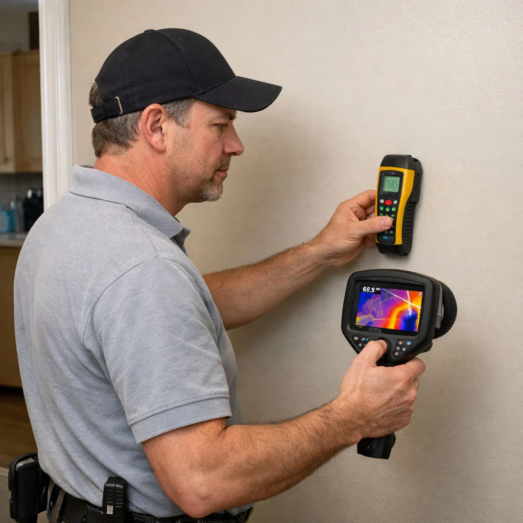 Inspector using moisture meter and thermal camera on wall