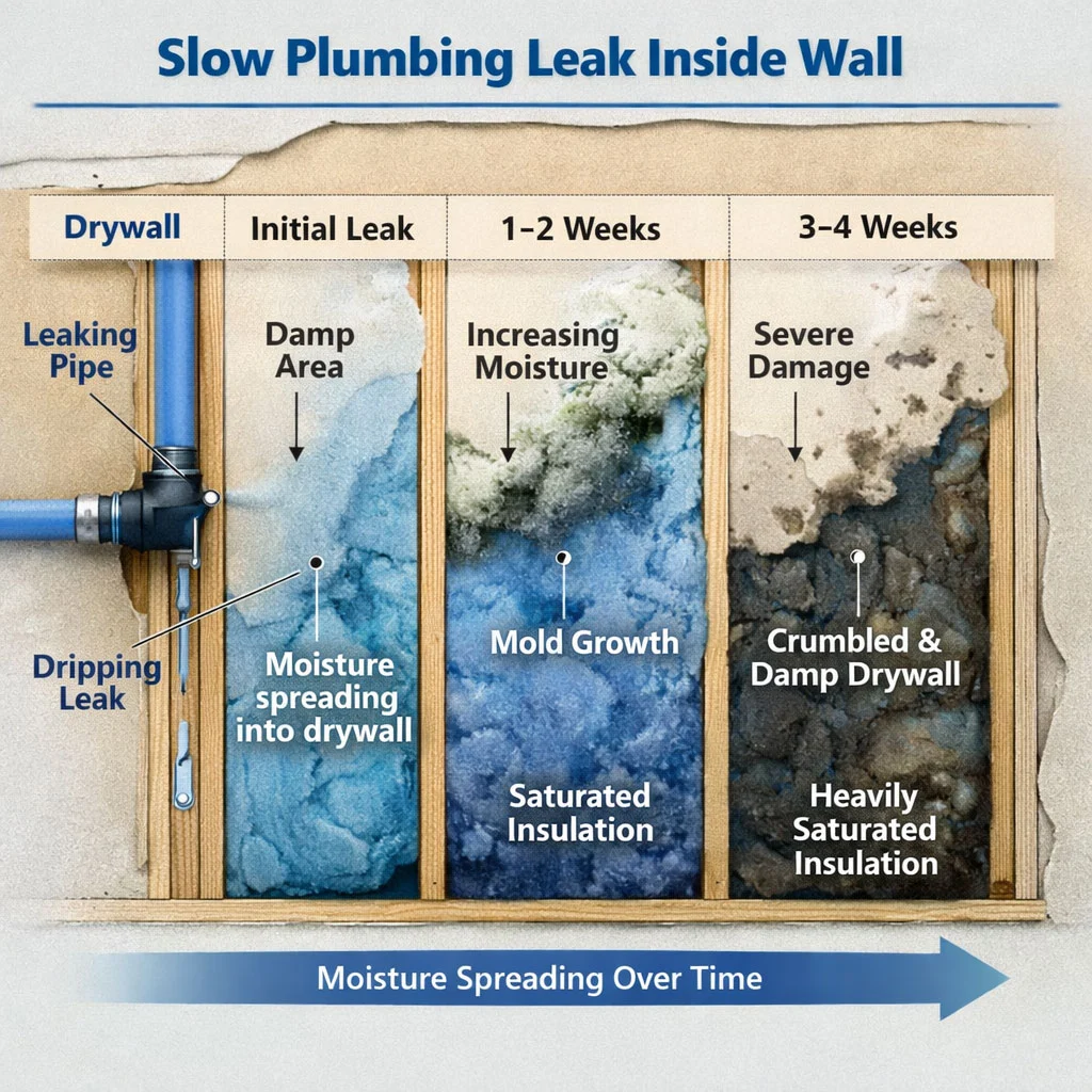 Illustration showing slow water leaks causing damage inside walls