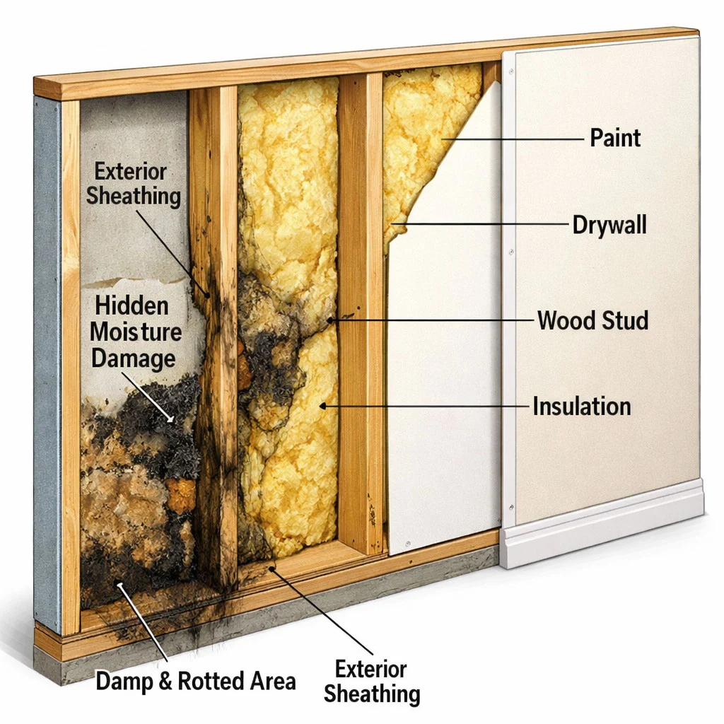 Cutaway wall showing hidden damage behind normal paint