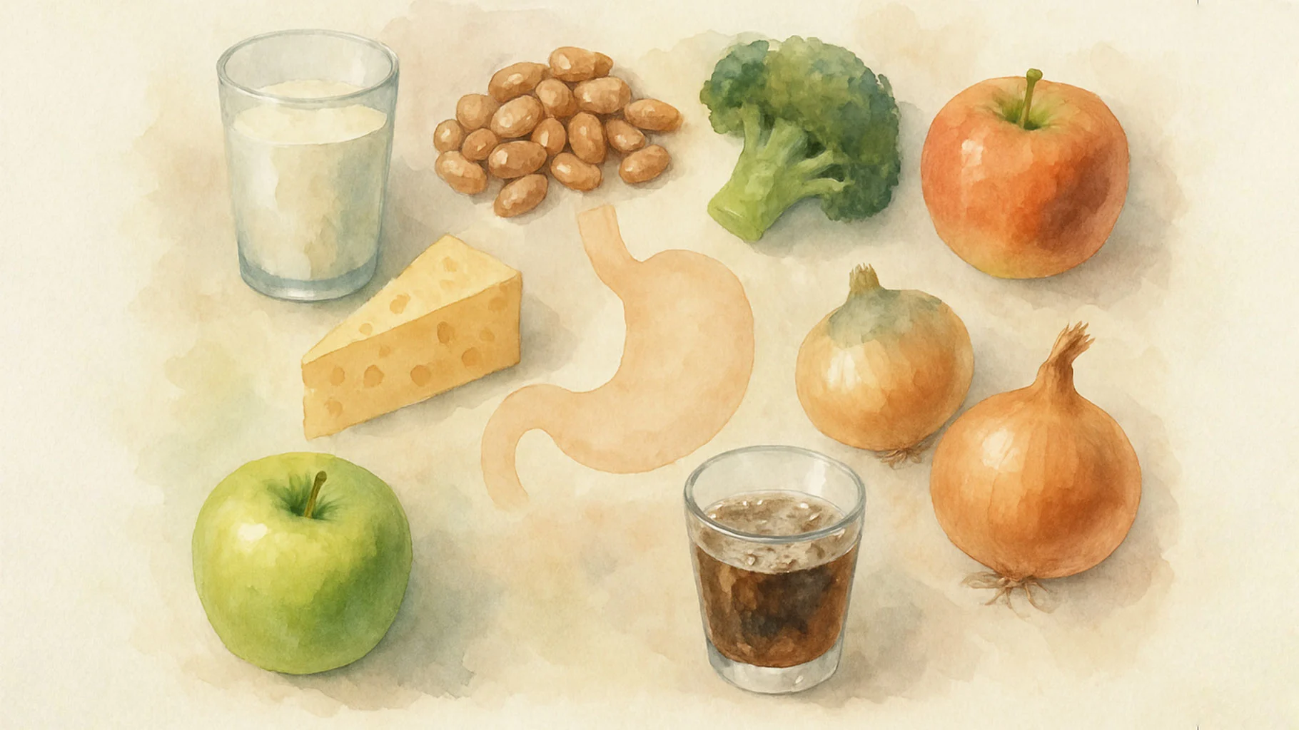 Foods that commonly cause bloating including dairy, beans, vegetables, and carbonated drinks