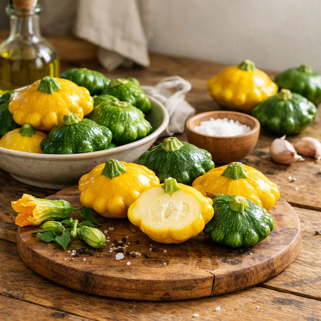 Fresh patty pan squash arranged on a wooden kitchen table before cooking