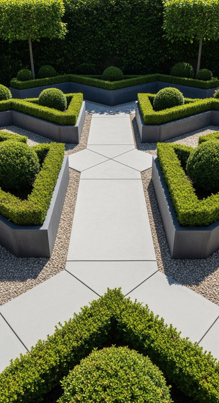 Backyard with straight pathways and sharp edges that feel rigid