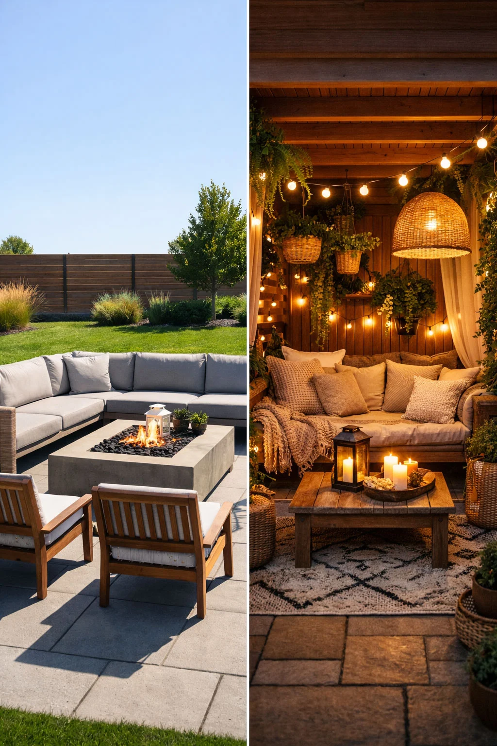 Side-by-side comparison showing a styled garden that feels exposed and a cozy garden that feels calm