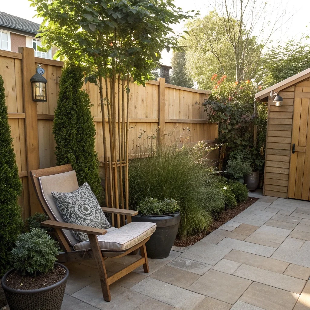 Garden seating tucked into a corner with partial enclosure