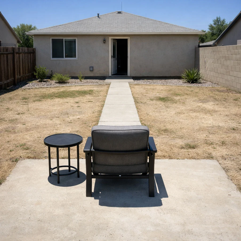 Outdoor seating placed directly facing a walkway in a backyard