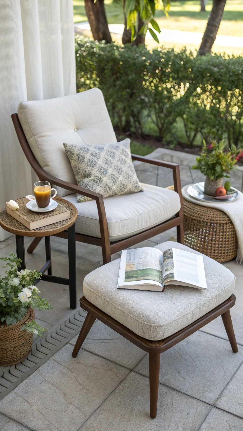 Outdoor chair with supportive cushion and footrest arranged for comfort