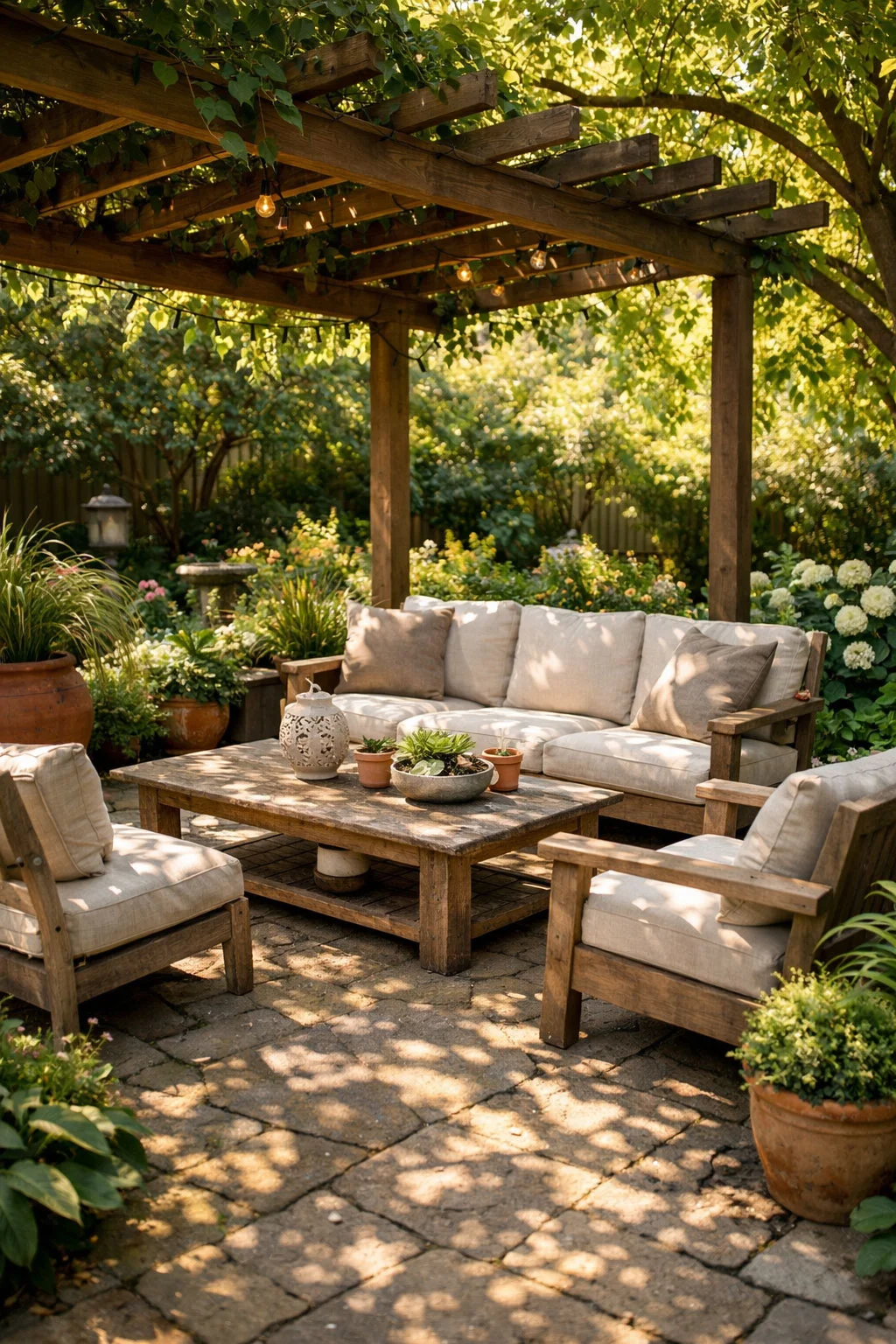Backyard seating under partial shade from trees or pergola