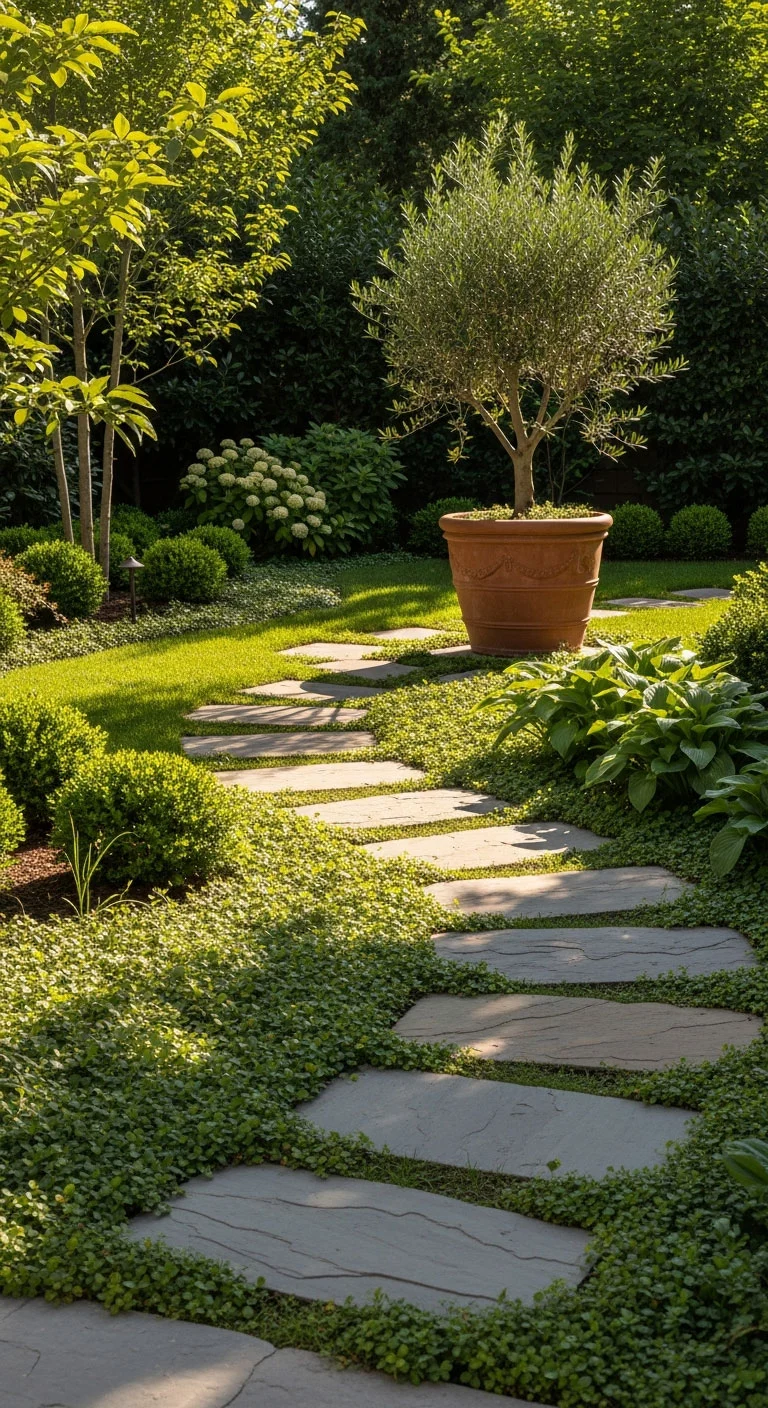Backyard with a curved path and a single focal element creating calm