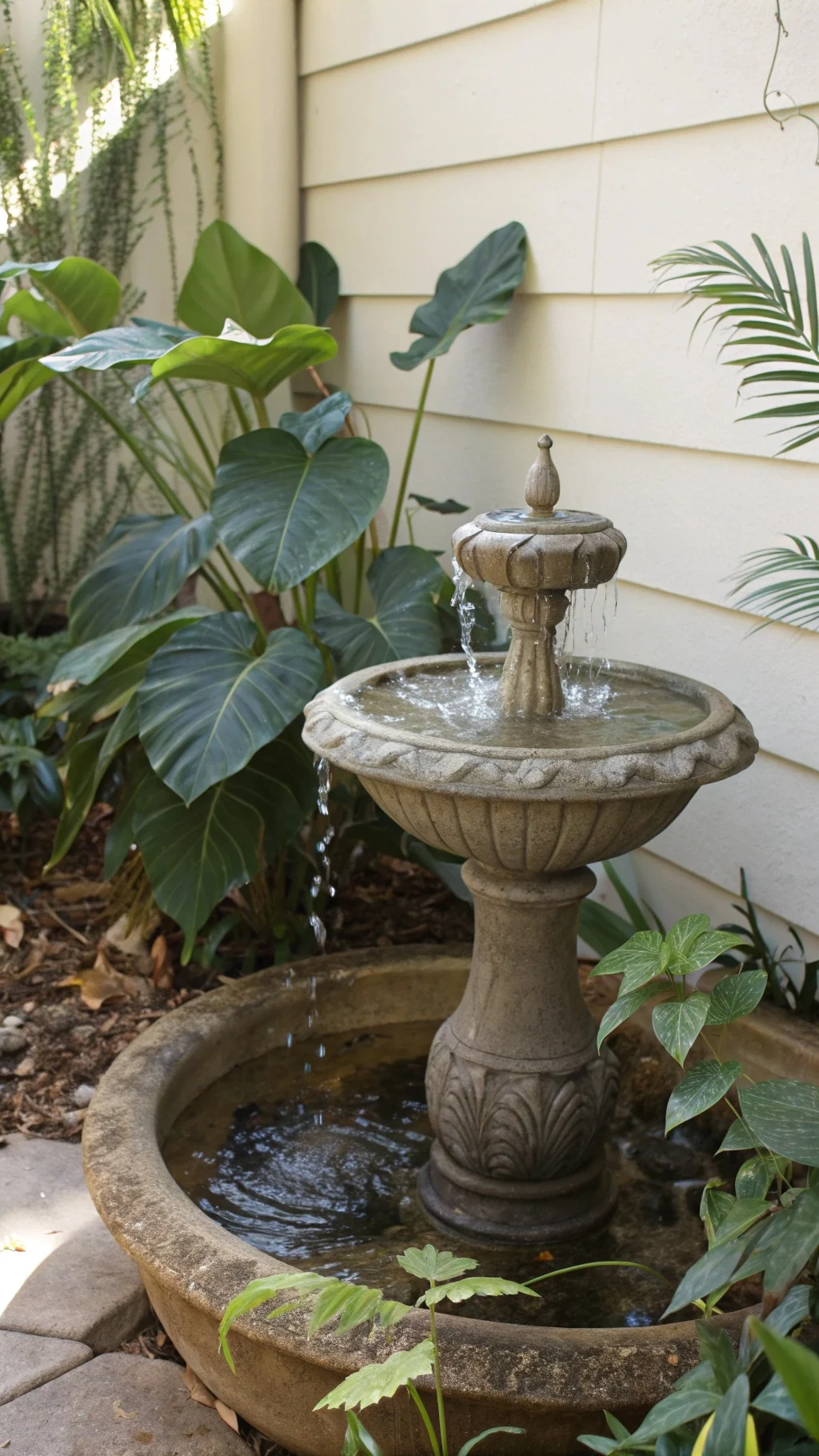 Small water feature near plants creating gentle sound in a backyard