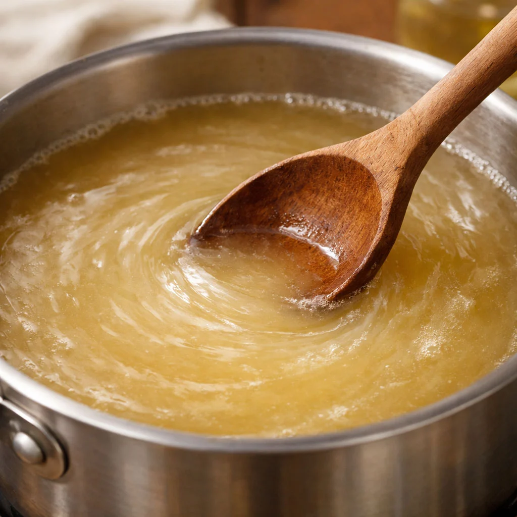 Mohinga broth being thickened with traditional ingredients