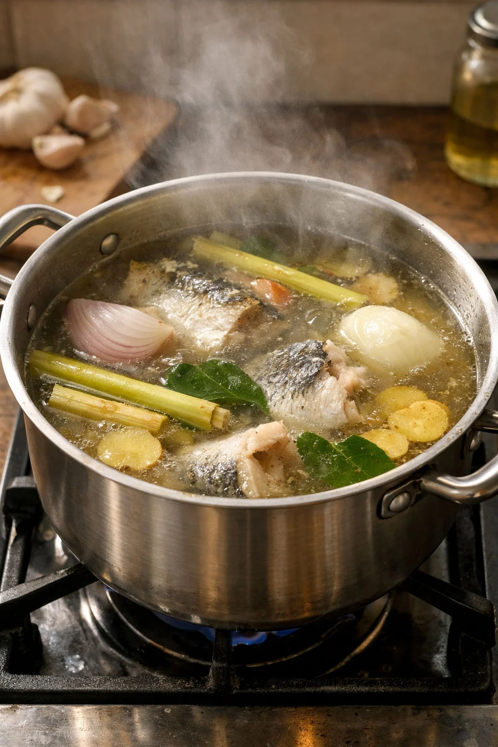Fish broth simmering gently in a pot for mohinga preparation