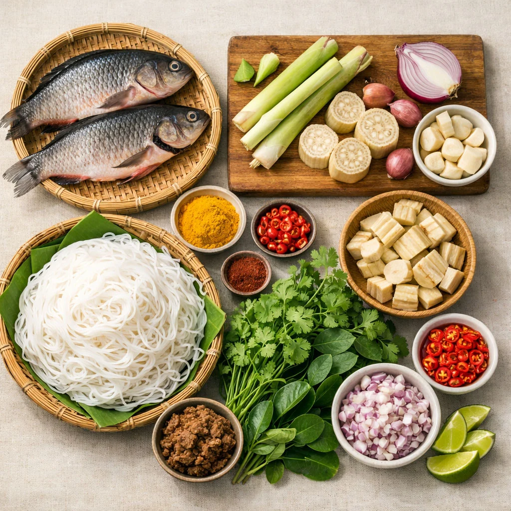 Mohinga ingredients including fish, rice noodles, herbs, and aromatics