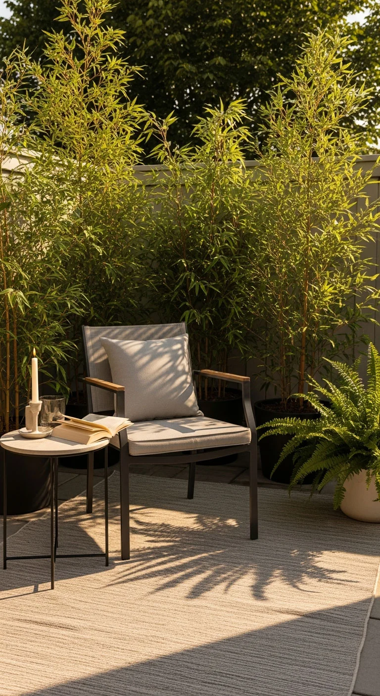 A single backyard corner turned into a calm seating nook with plants and soft lighting