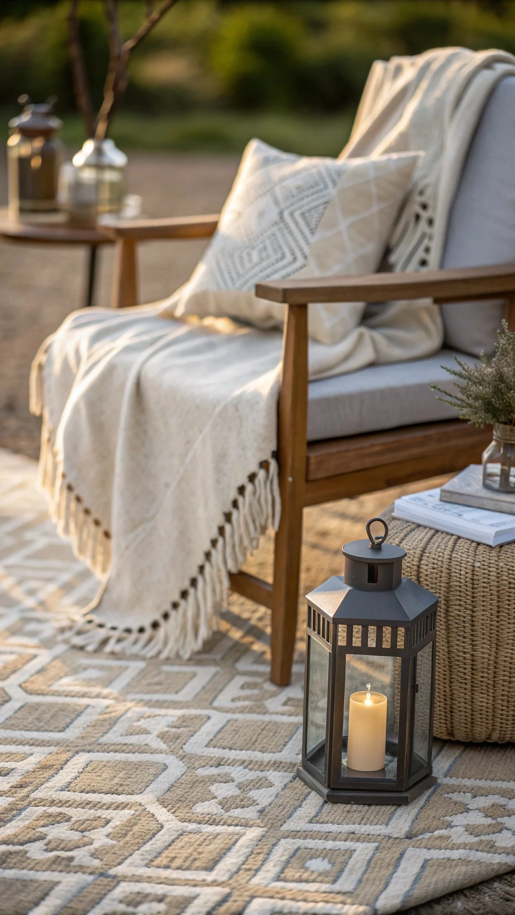 Outdoor rug with cushions and throw blanket creating a cozy backyard look
