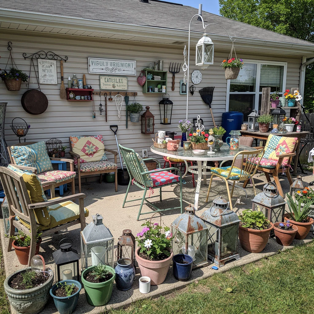A backyard filled with too many decor items creating visual clutter