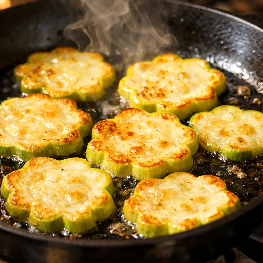 Pan-fried patty pan squash cooking in a skillet