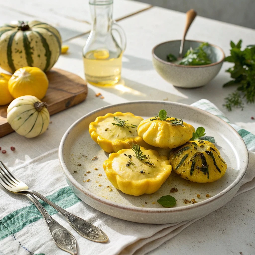 Cooked patty pan squash served on a plate as a summer side dish