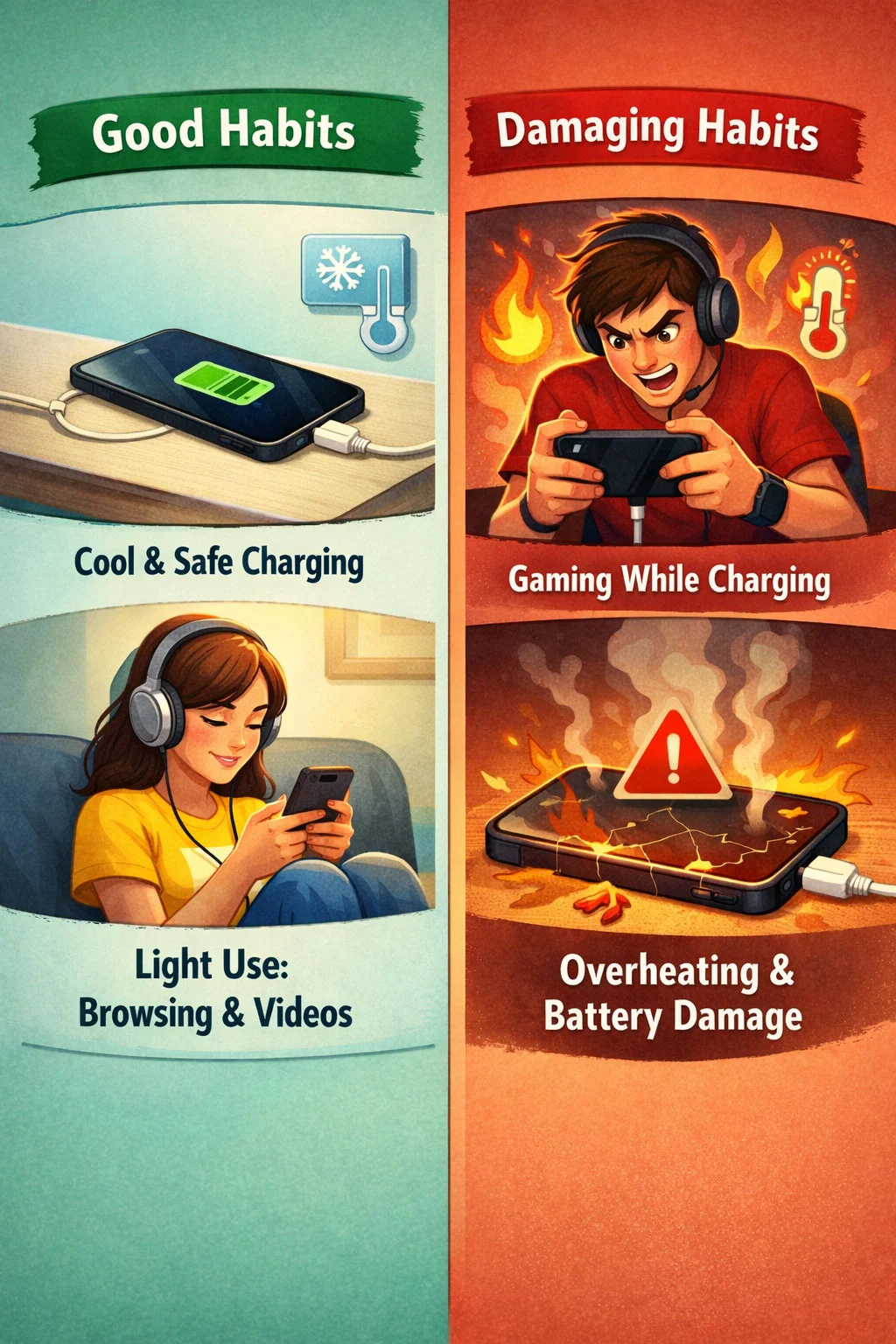 Healthy and damaging smartphone battery habits compared