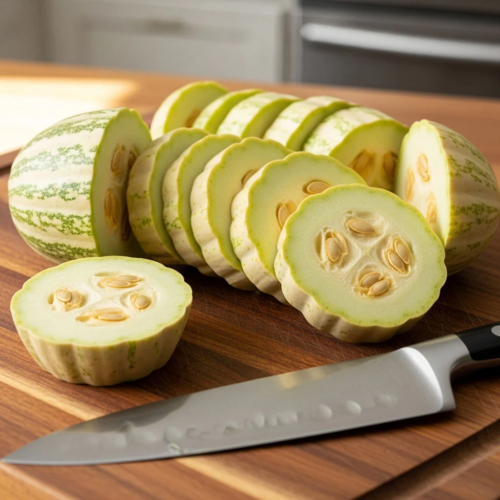 Sliced patty pan squash on a cutting board during meal preparation