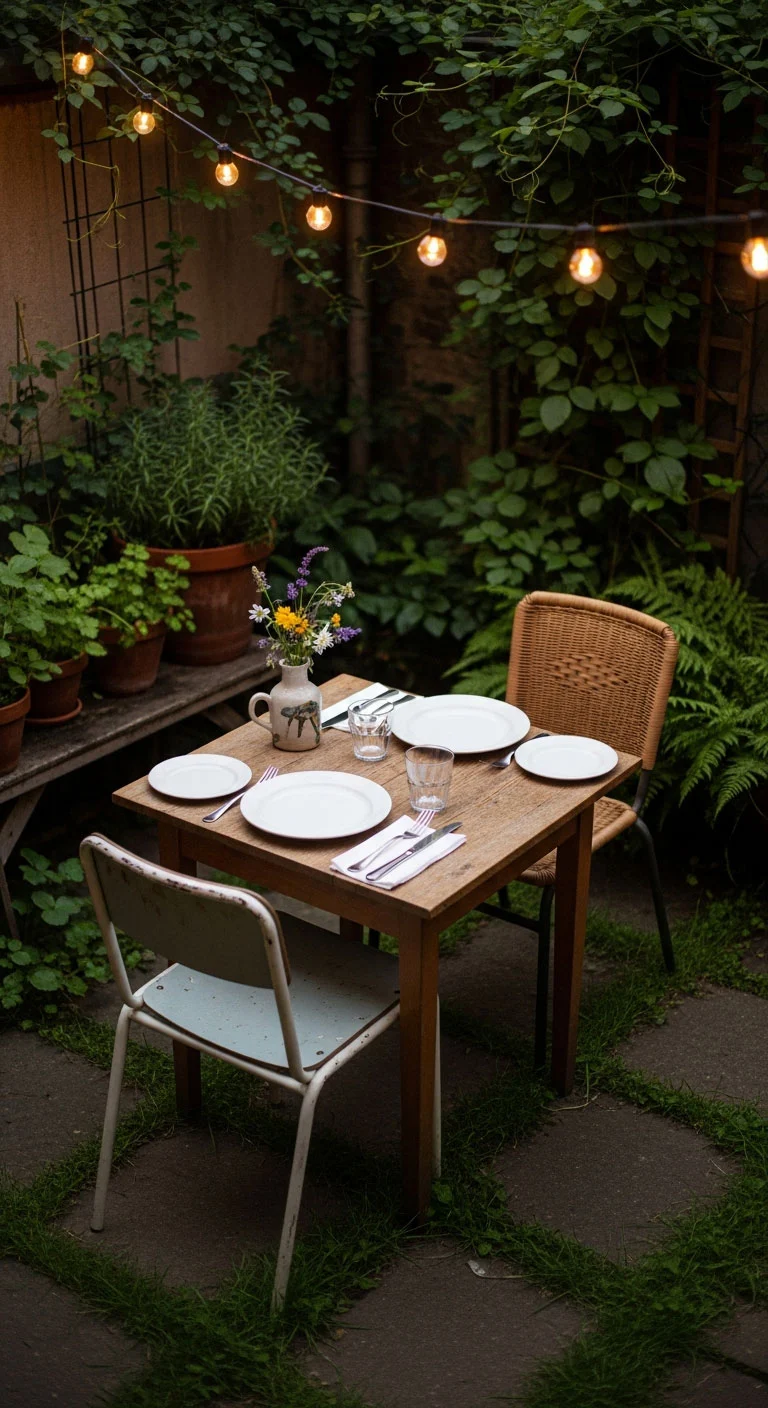 Small outdoor dining setup with compact table, chairs, and soft lighting