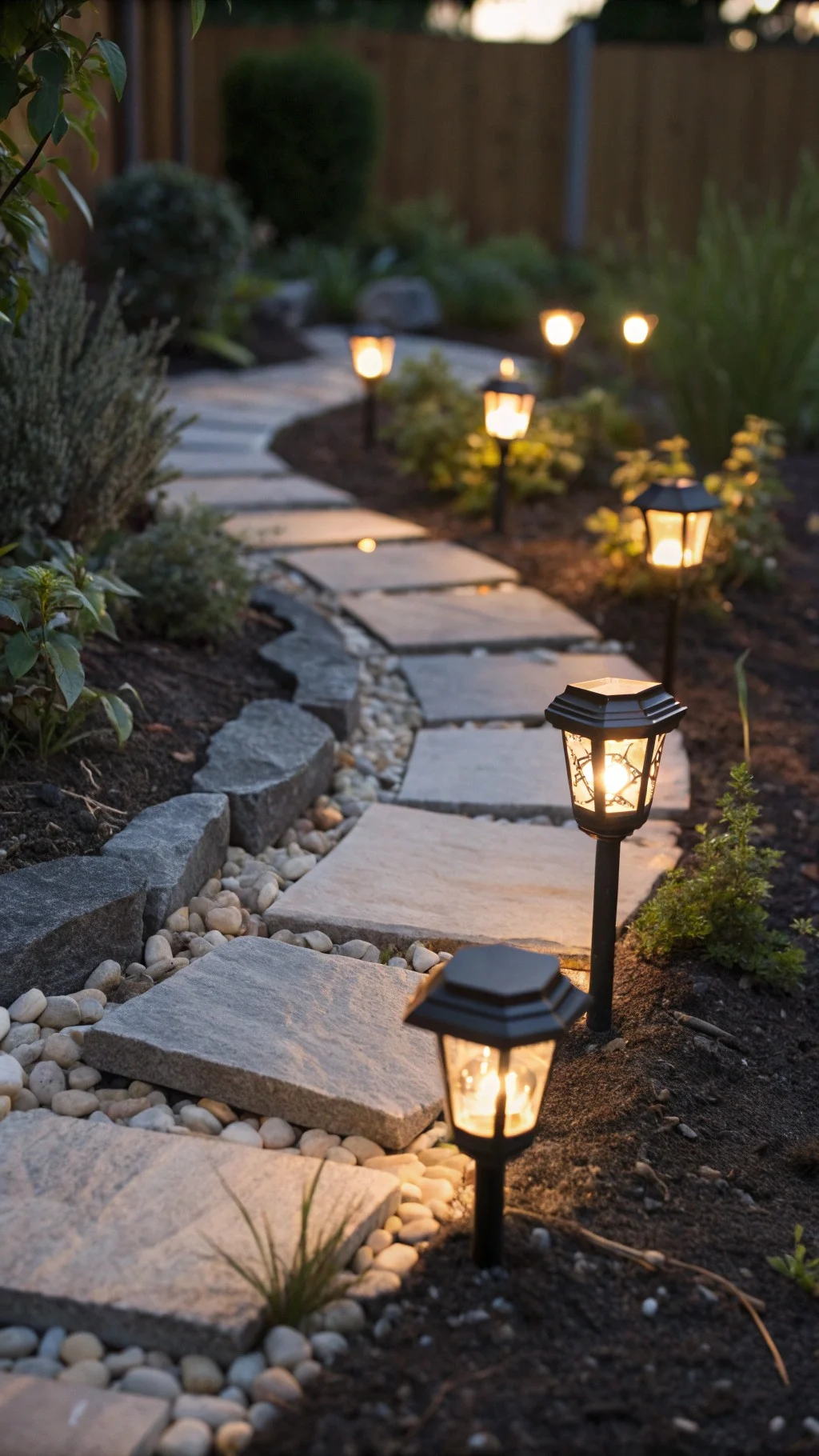 Small solar lanterns lining a garden path in a backyard