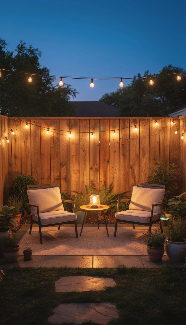 Warm string lights hanging above a small backyard seating area at dusk