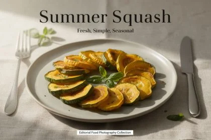 Plated summer squash slices arranged in a circular pattern with fresh herbs on a neutral table