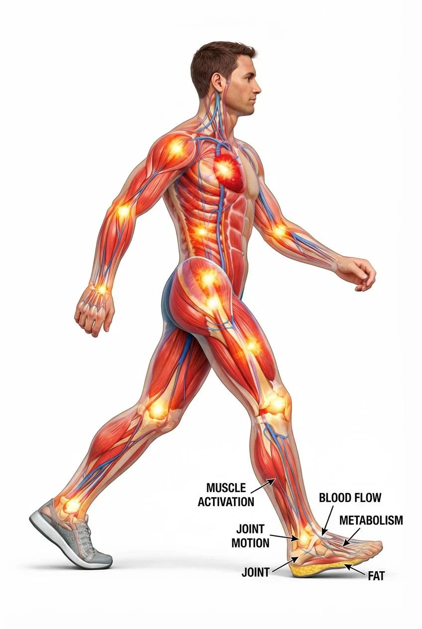 Body systems activated during walking including circulation muscles and metabolism