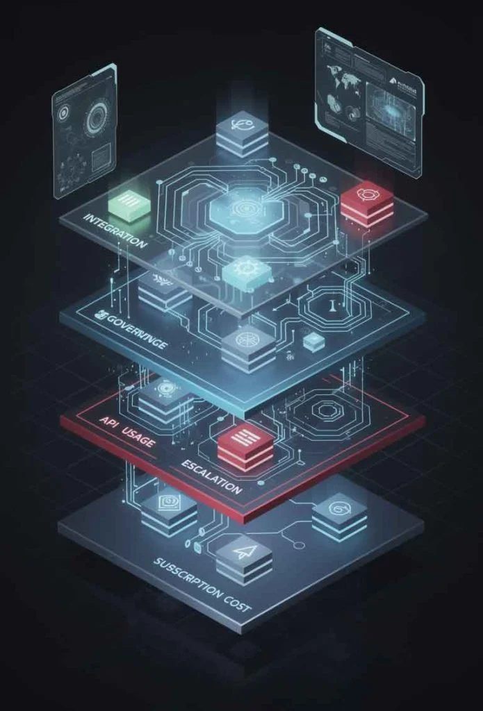 Enterprise AI chatbot cost architecture showing integration, governance, API usage, and human oversight layers