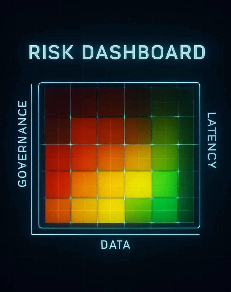Enterprise AI chatbot risk heatmap showing governance, automation rate, API stability, and data quality